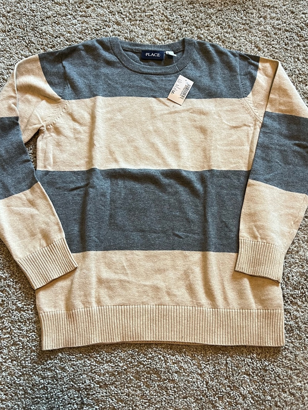 Children’s Place youth Gray and Cream Wide-Stripe Crewneck Sweater